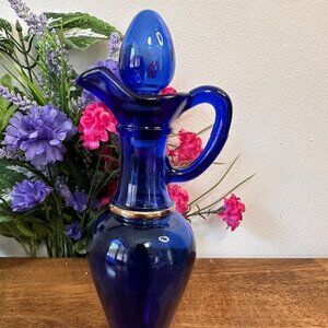 Vintage Avon Cobalt Blue Glass Decanter Pitcher Genie Bottle with Stopper‎ Gold